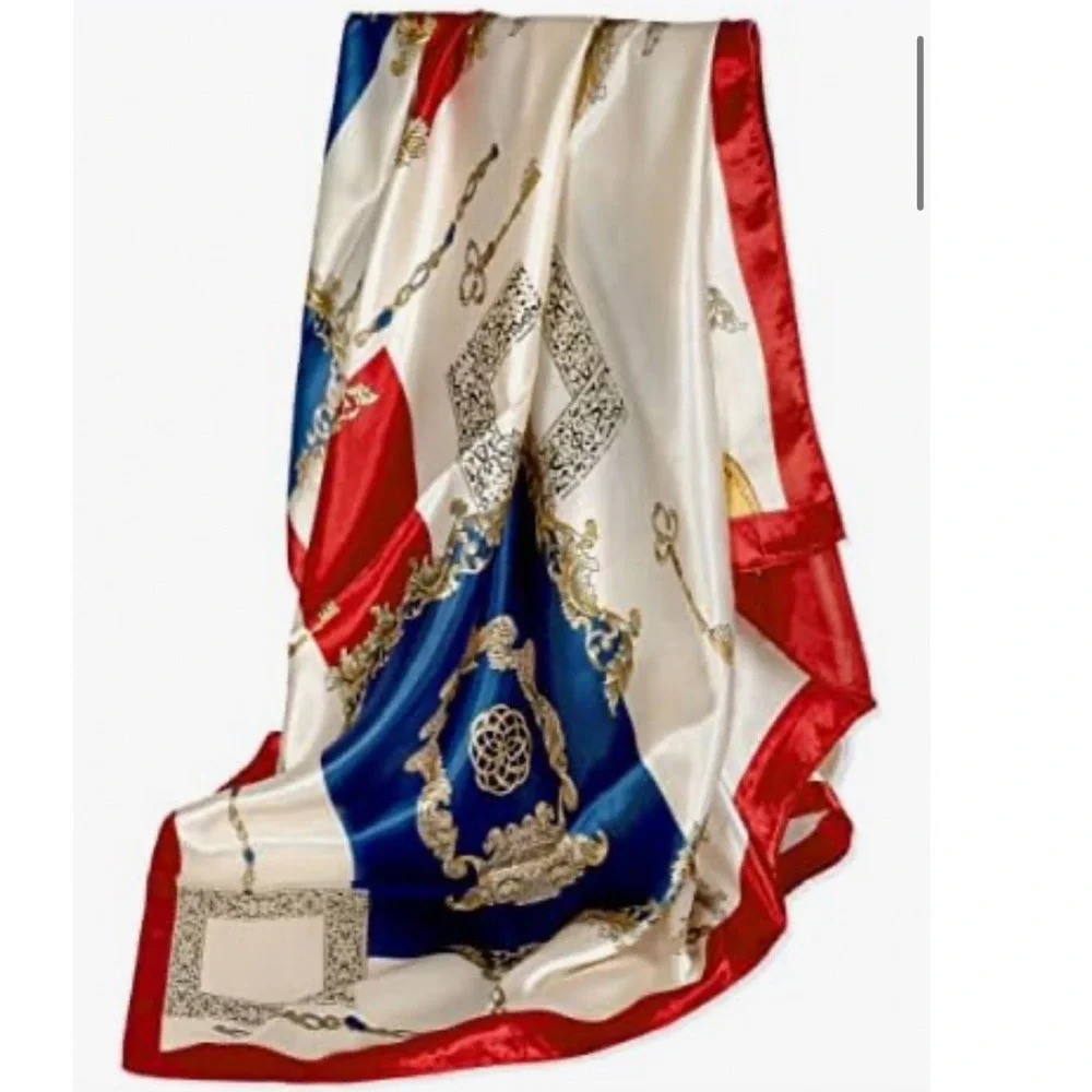 Vintage Style Square Silk Feel Scarf Red Navy Blue Gold Chain‎ Print 35x35
